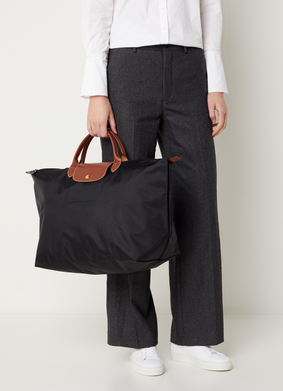 Longchamp Le Pliage reistas L met leren details - voorkant 6 zwart