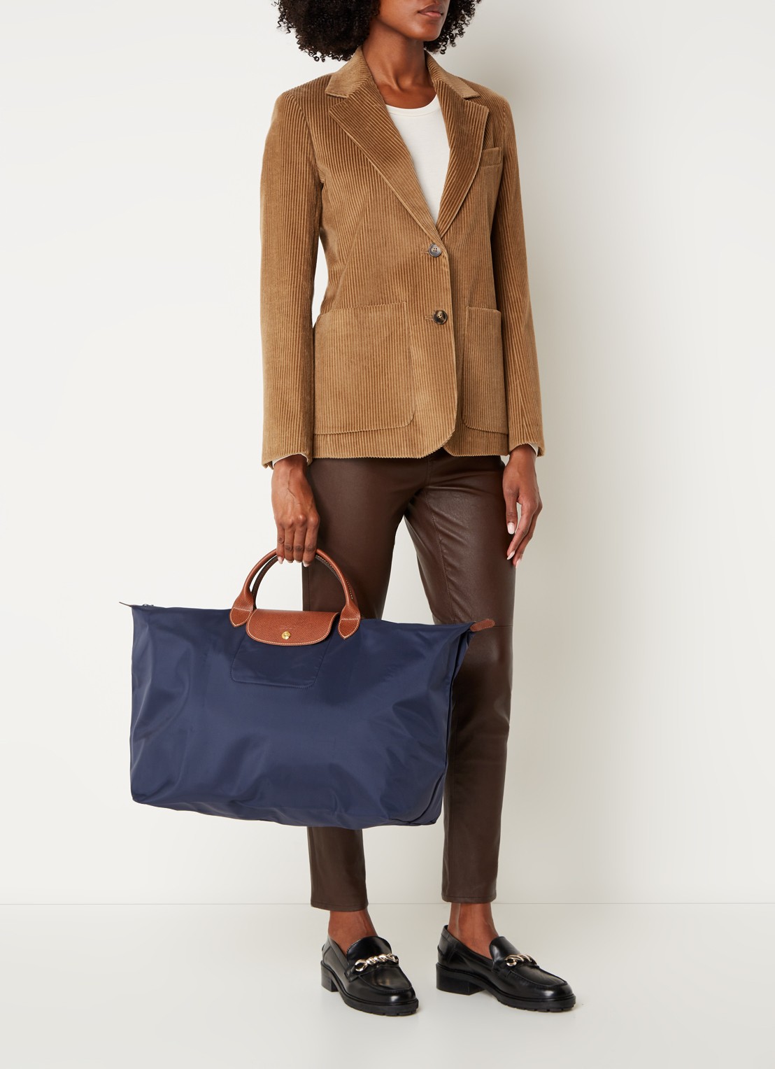 Longchamp Le Pliage reistas L met leren details - voorkant 2 donkerblauw