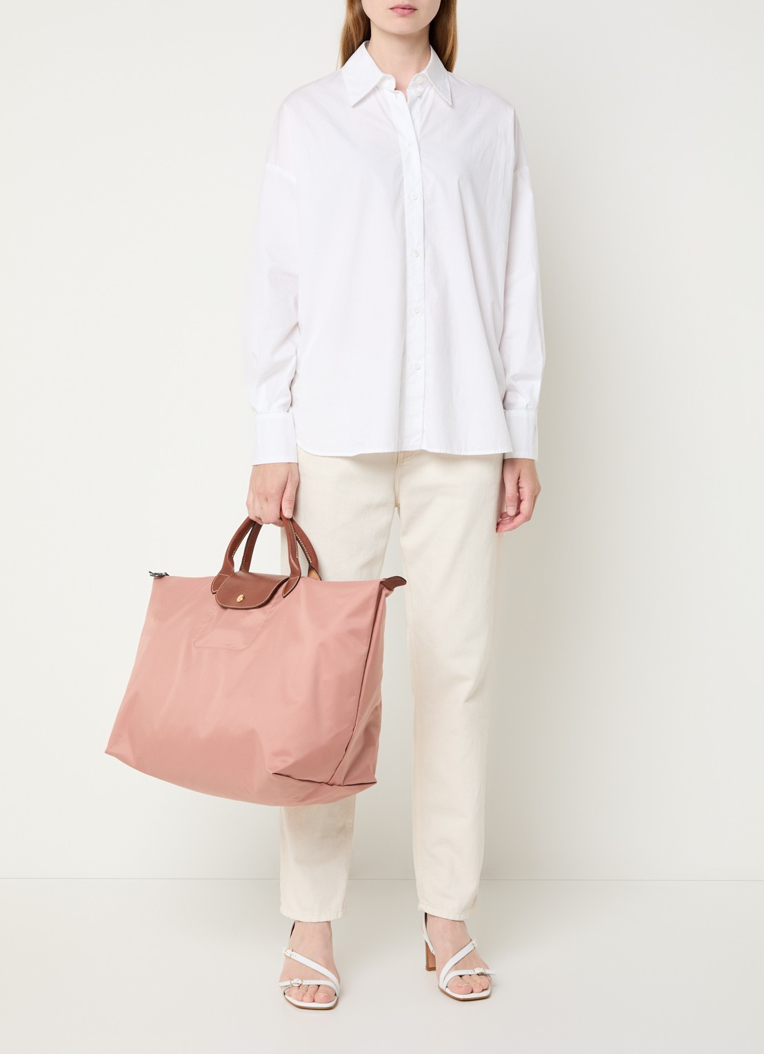 Longchamp Le Pliage reistas L met leren details - voorkant 3 oudroze