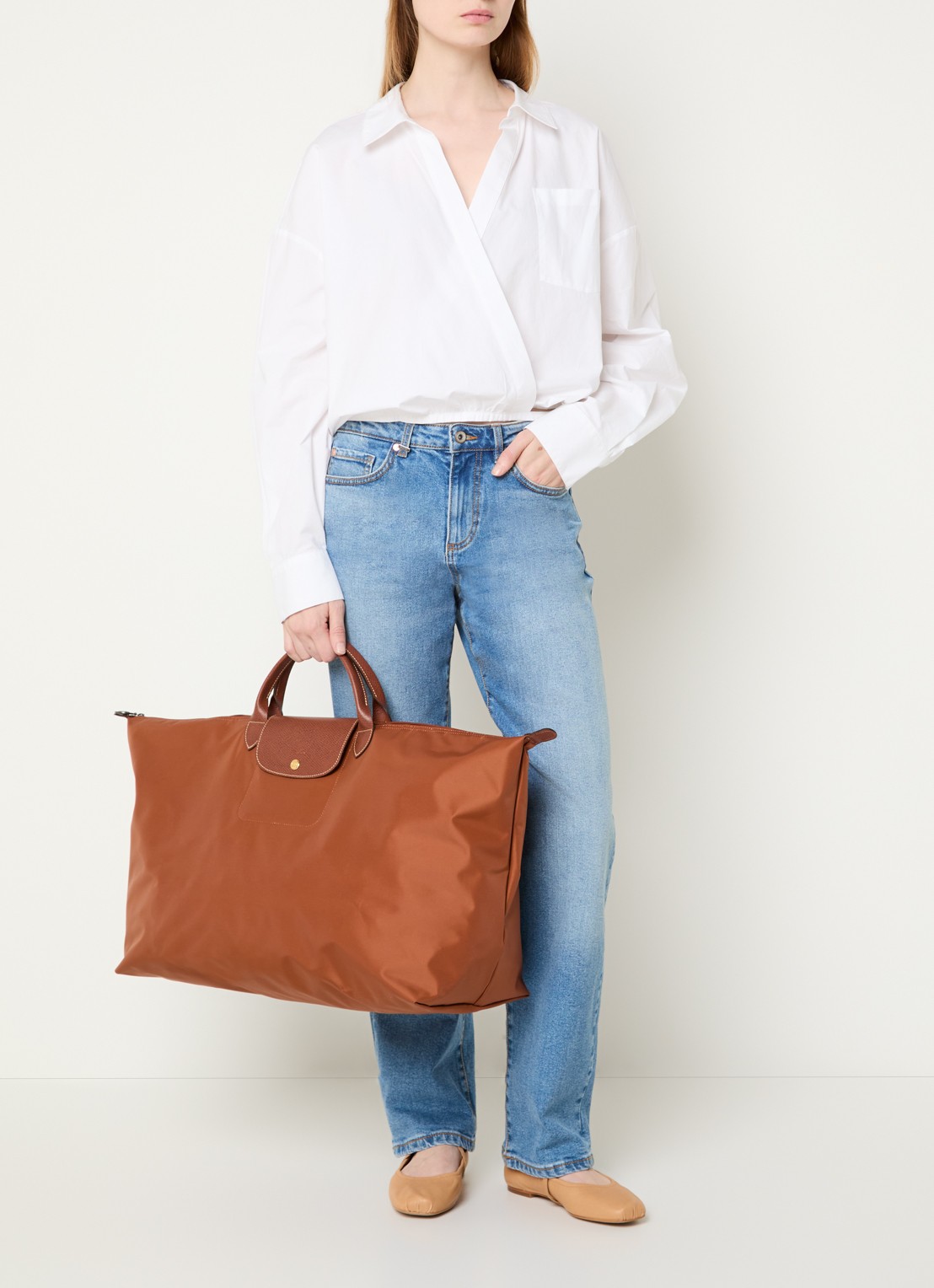 Longchamp Le Pliage reistas XL met leren details - voorkant 7 cognac