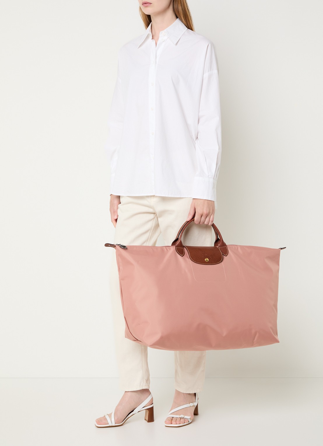 Longchamp Le Pliage reistas XL met leren details - voorkant 3 oudroze