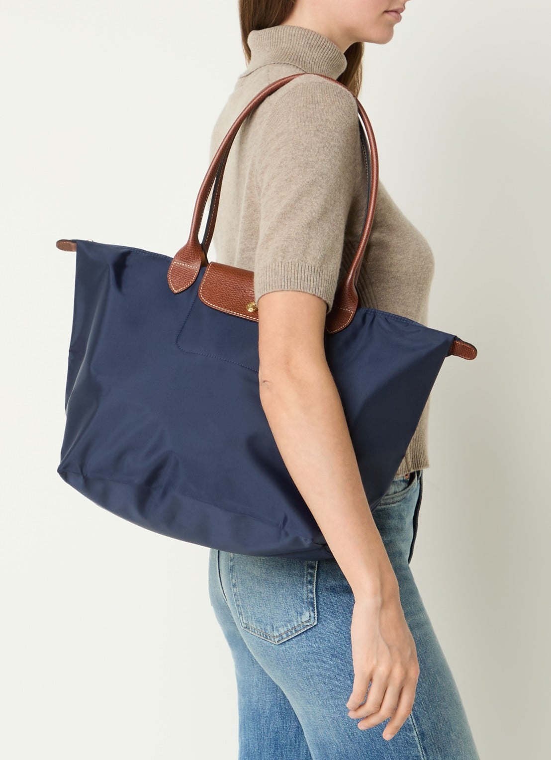 Longchamp Le Pliage schoudertas L met leren details - voorkant 3 donkerblauw