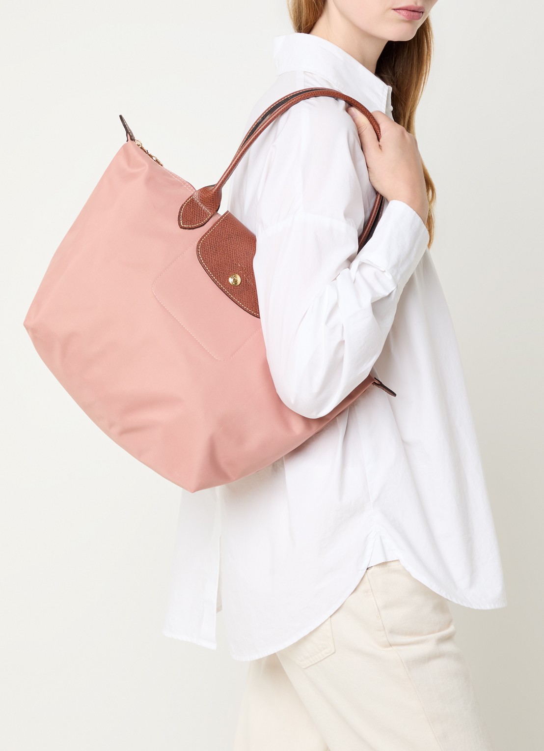 Longchamp Le Pliage schoudertas M met leren details - voorkant 7 oudroze