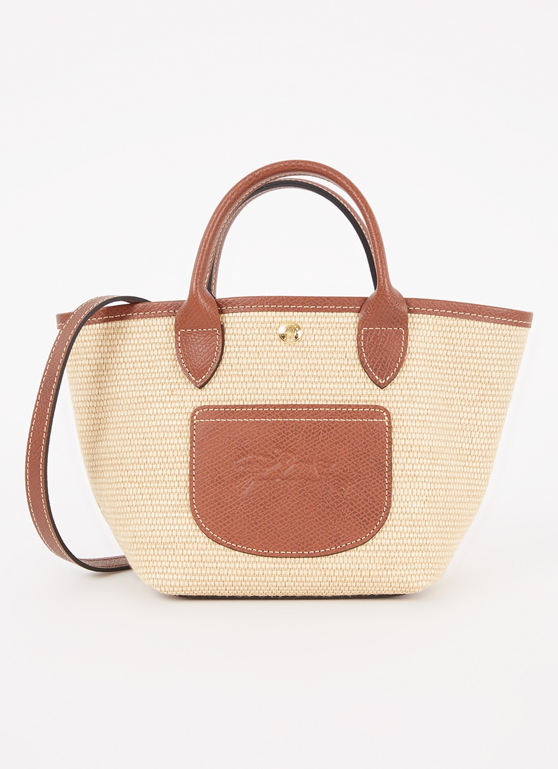 Longchamp Le Pliage XS Basket crossbodytas van raffia met leren details - voorkant donkerbruin