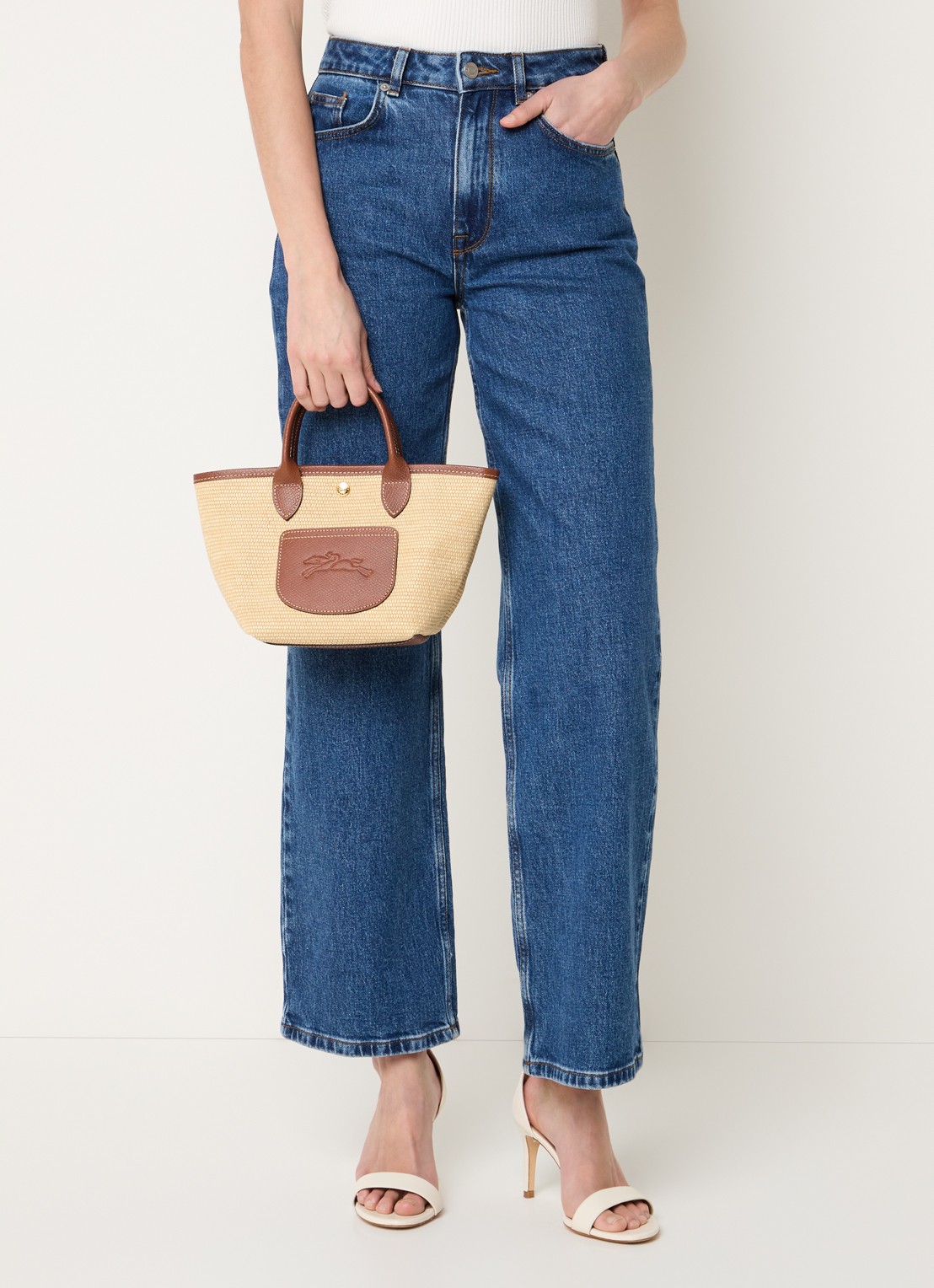 Longchamp Le Pliage XS Basket crossbodytas van raffia met leren details - voorkant 2 donkerbruin