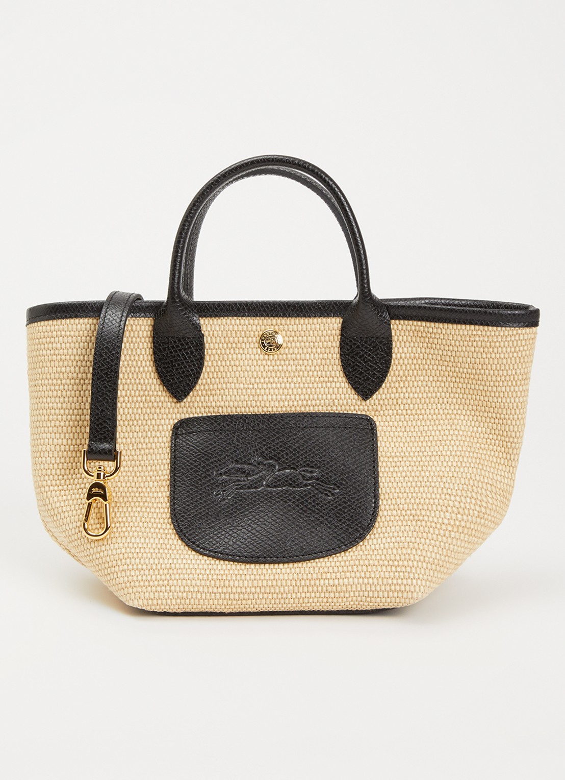 Longchamp Le Pliage XS Basket crossbodytas van raffia met leren details - voorkant zwart
