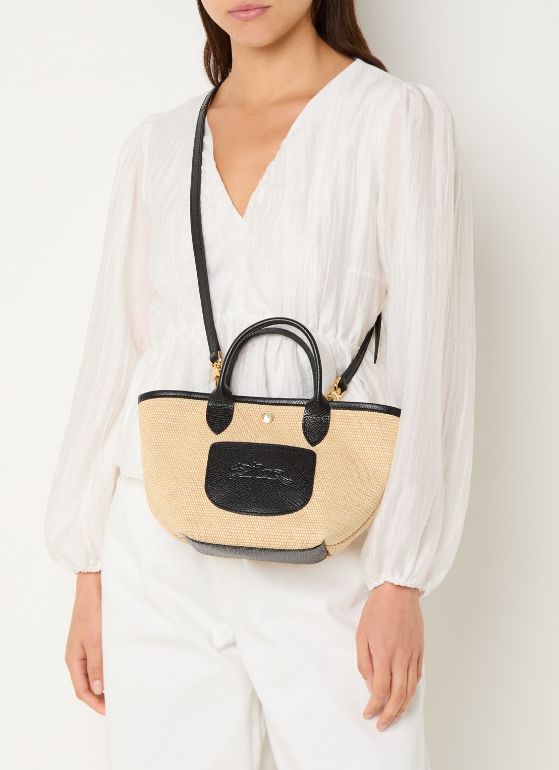 Longchamp Le Pliage XS Basket crossbodytas van raffia met leren details - voorkant 3 zwart