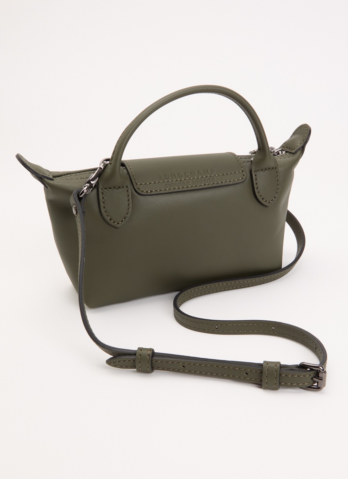Longchamp Le Pliage Xtra handtas XS van leer met afneembare schouderriem - achterkant legergroen