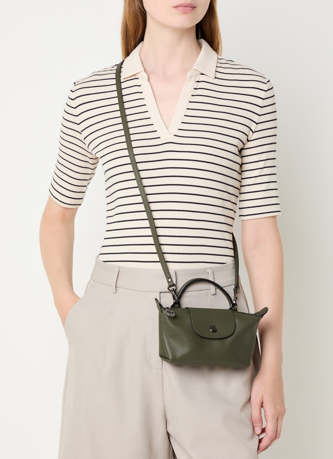 Longchamp Le Pliage Xtra handtas XS van leer met afneembare schouderriem - voorkant 7 legergroen