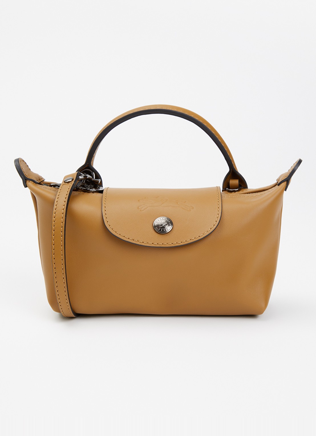 Longchamp Le Pliage Xtra handtas XS van leer met afneembare schouderriem - voorkant cognac