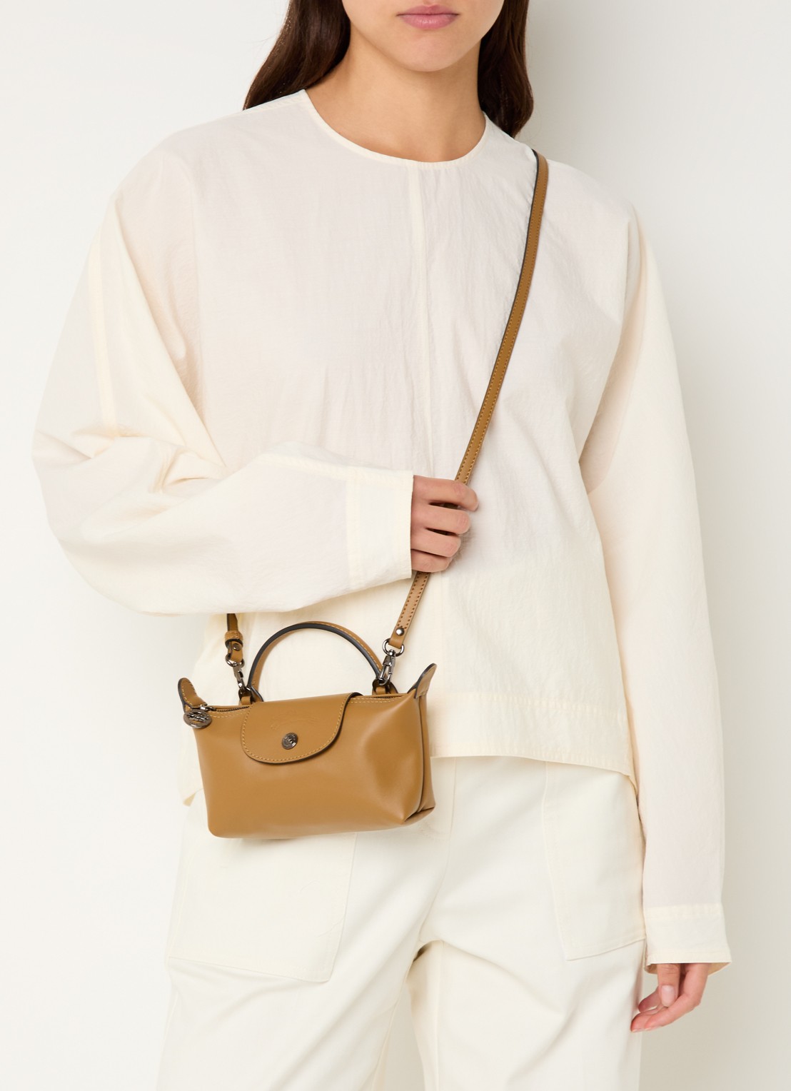 Longchamp Le Pliage Xtra handtas XS van leer met afneembare schouderriem - voorkant 3 cognac