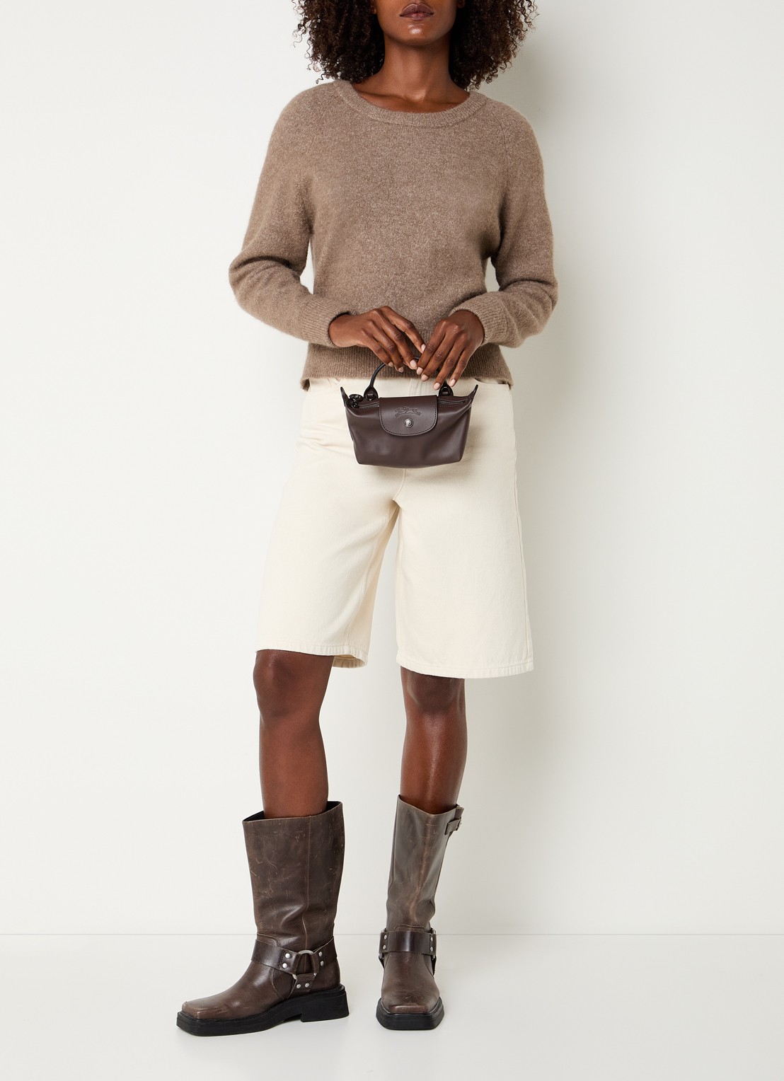 Longchamp Le Pliage Xtra handtas XS van leer met afneembare schouderriem - voorkant 2 donkerbruin