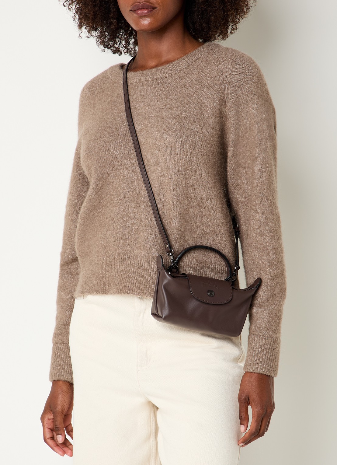 Longchamp Le Pliage Xtra handtas XS van leer met afneembare schouderriem - voorkant 3 donkerbruin