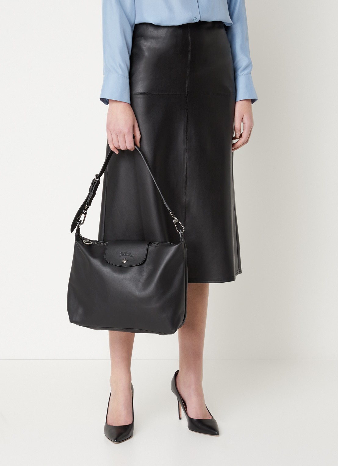 Longchamp Le Pliage Xtra schoudertas M van leer - voorkant 6 zwart