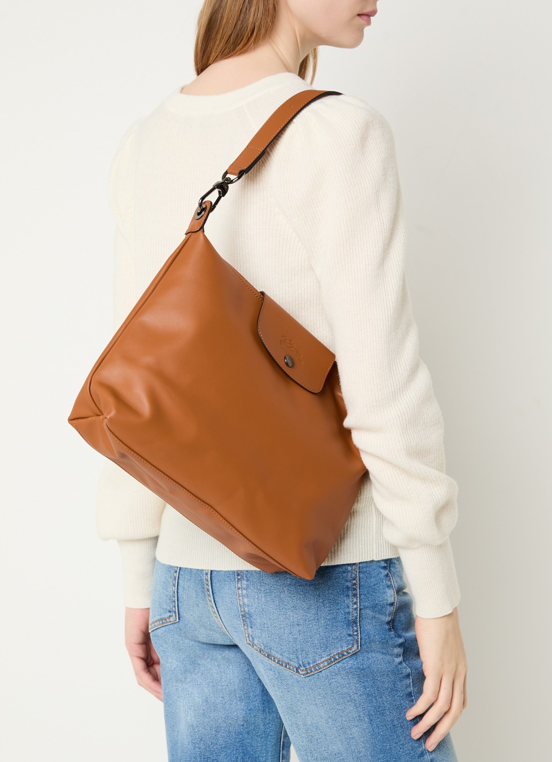 Longchamp Le Pliage Xtra schoudertas M van leer - voorkant 5 oranjebruin