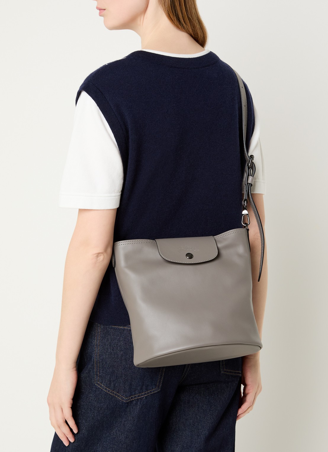 Longchamp Le Pliage Xtra schoudertas M van leer - voorkant 3 blauwgrijs