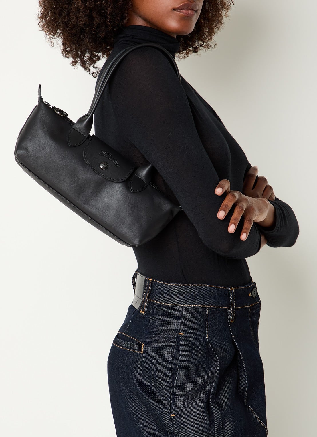 Longchamp Le Pliage Xtra schoudertas M van leer - voorkant 6 zwart