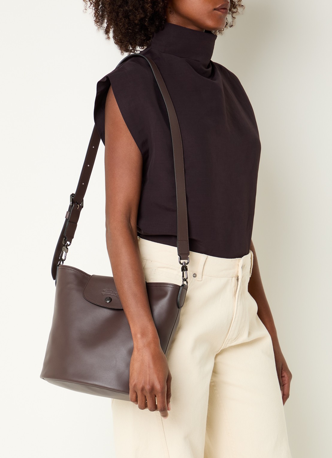 Longchamp Le Pliage Xtra schoudertas M van leer - voorkant 3 donkerbruin