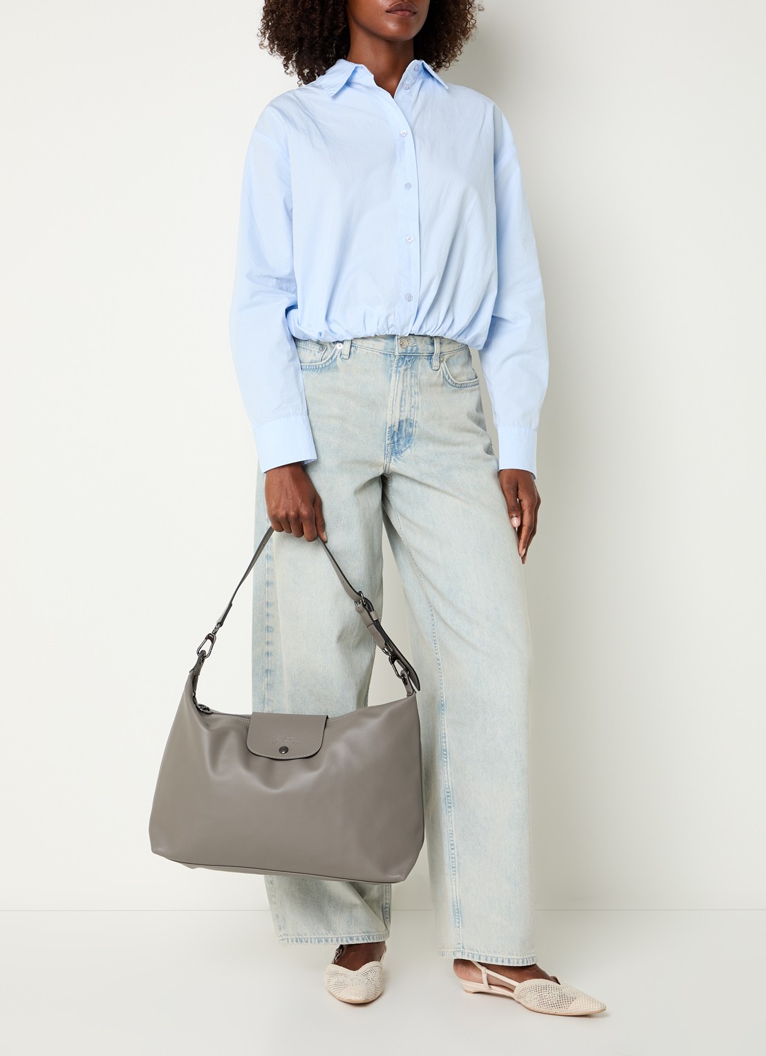 Longchamp Le Pliage Xtra schoudertas XL van leer - voorkant 3 grijs