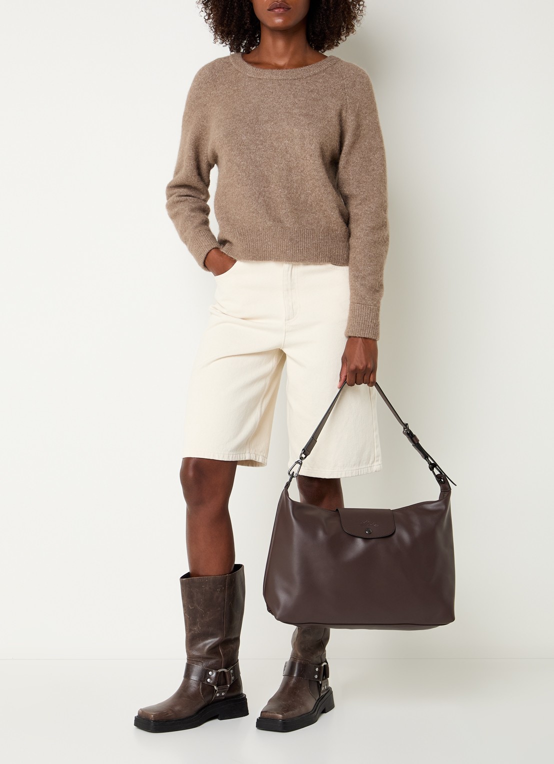 Longchamp Le Pliage Xtra schoudertas XL van leer - voorkant 3 donkerbruin