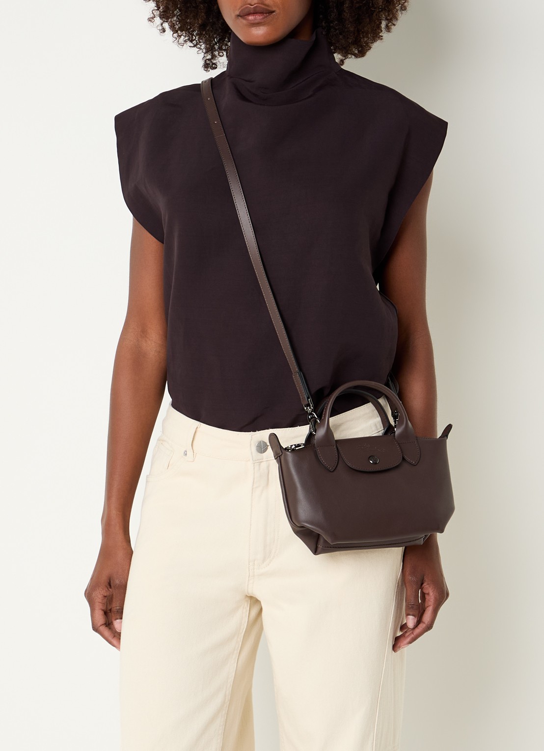 Longchamp Le Pliage Xtra XS handtas van leer - voorkant 2 donkerbruin