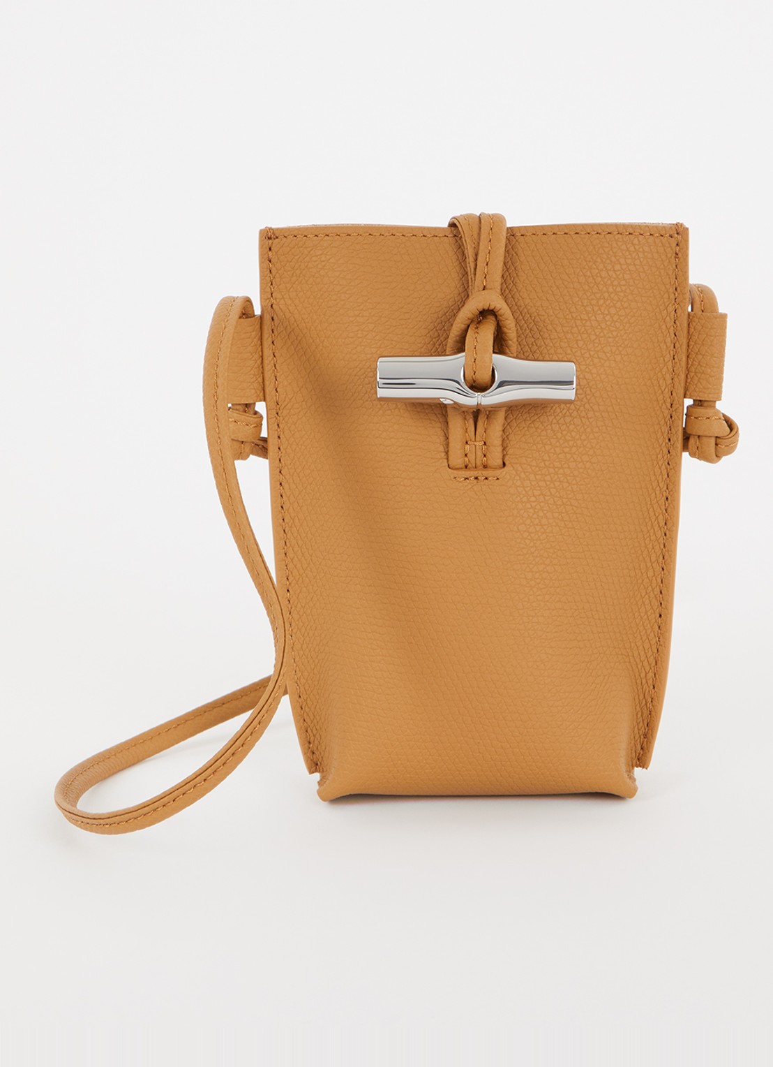 Longchamp Le Roseau crossbody telefoonhoes van leer - voorkant roestbruin