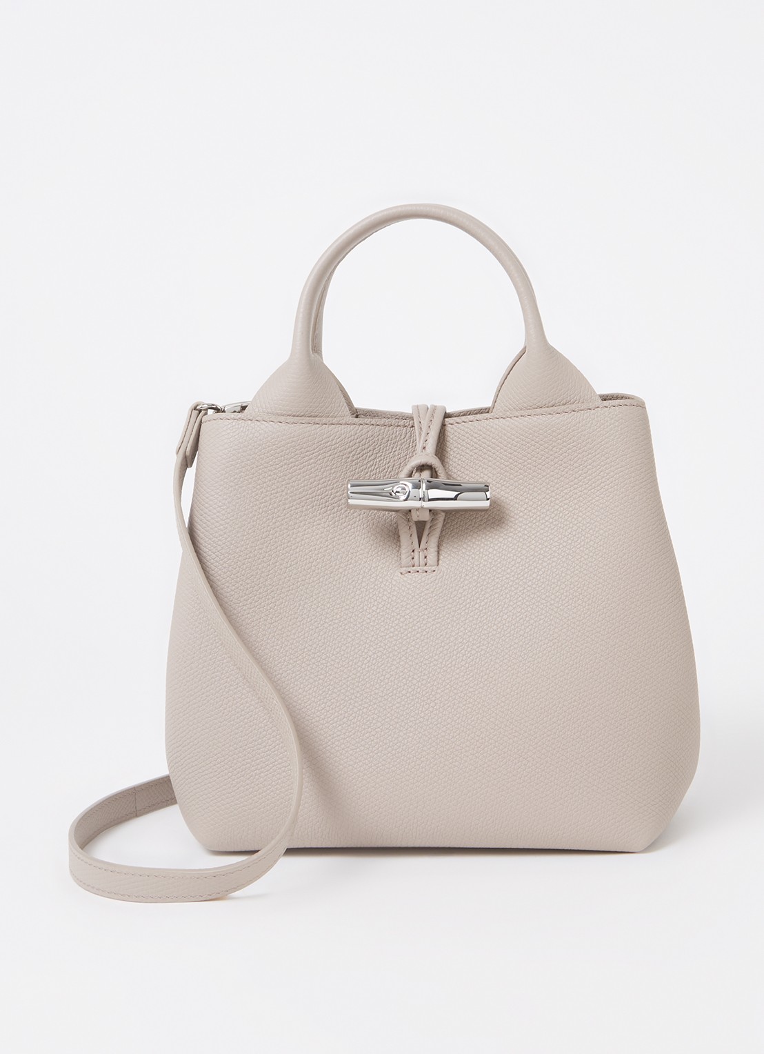 Longchamp Le Roseau handtas S van leer met afneembare schouderriem - voorkant beige