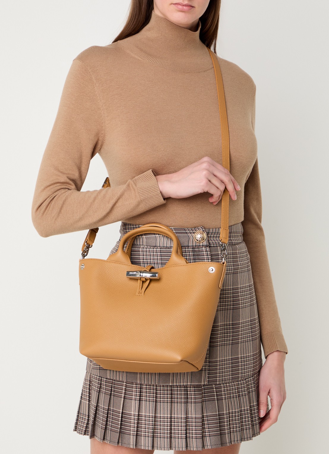 Longchamp Le Roseau handtas S van leer met afneembare schouderriem  - voorkant 2 cognac