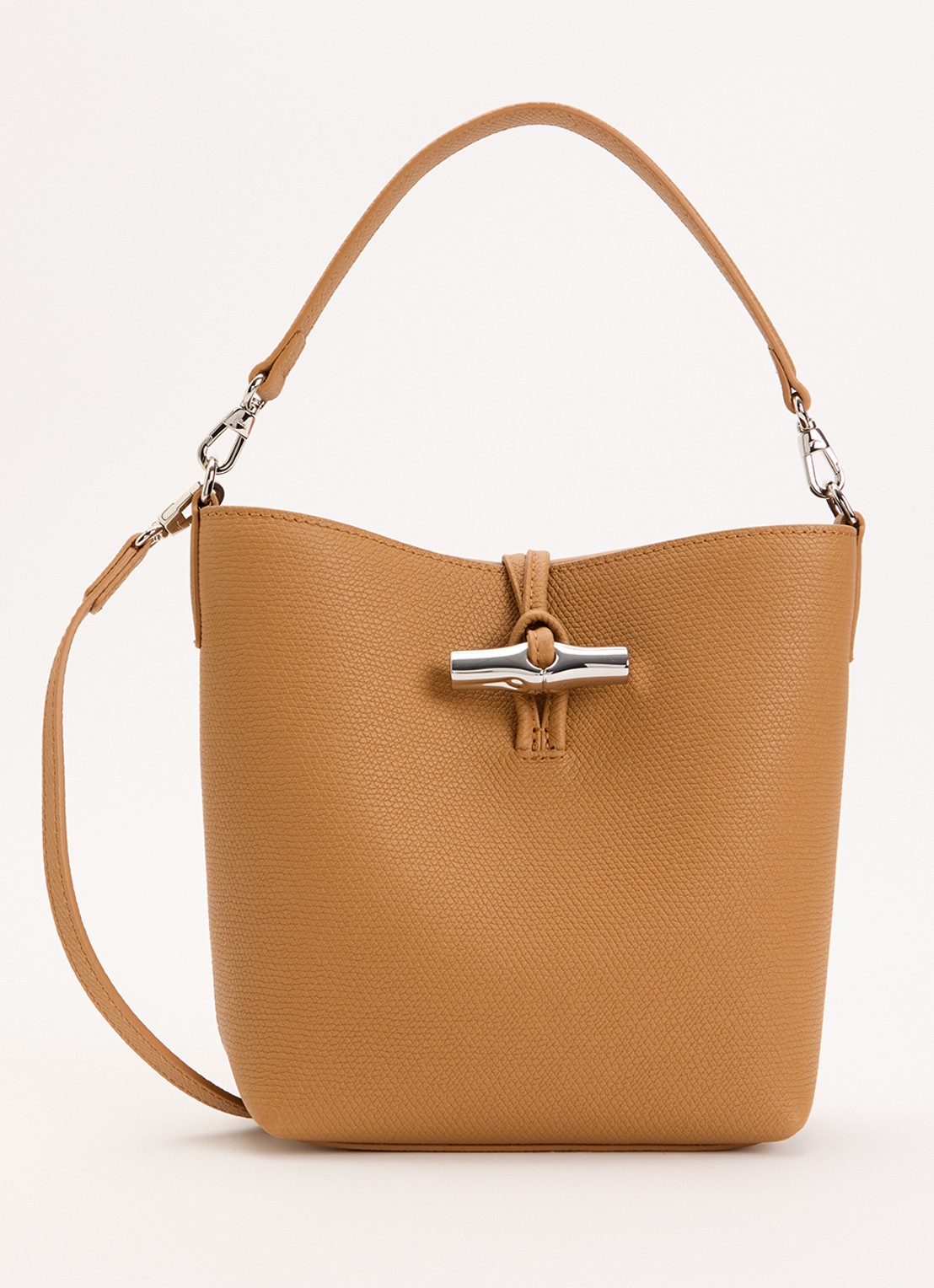 Longchamp Le Roseau handtas XS van leer met afneembare schouderriem - voorkant camel