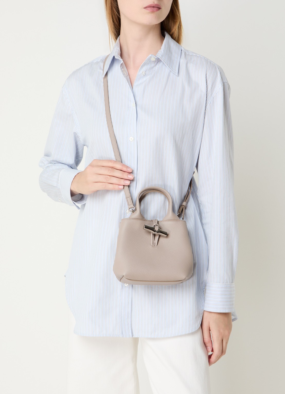 Longchamp Le Roseau handtas XS van leer - voorkant 5 beige