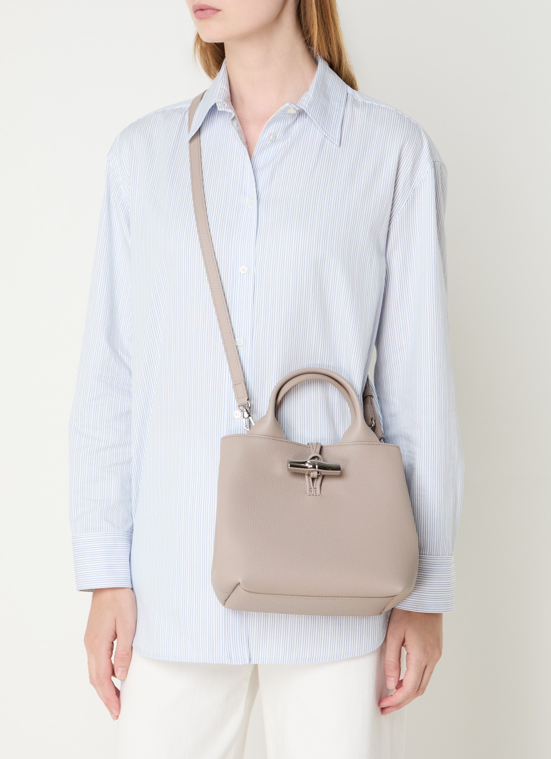 Longchamp Le Roseau S handtas van leer met afneembare schouderriem - voorkant 6 beige