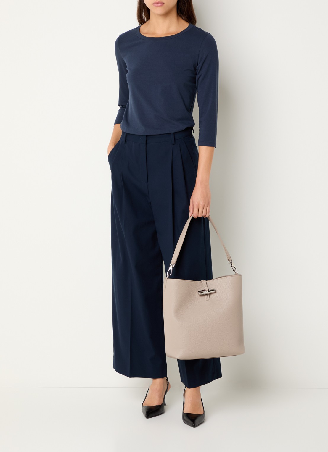 Longchamp Le Roseau schoudertas M van leer - voorkant 2 beige