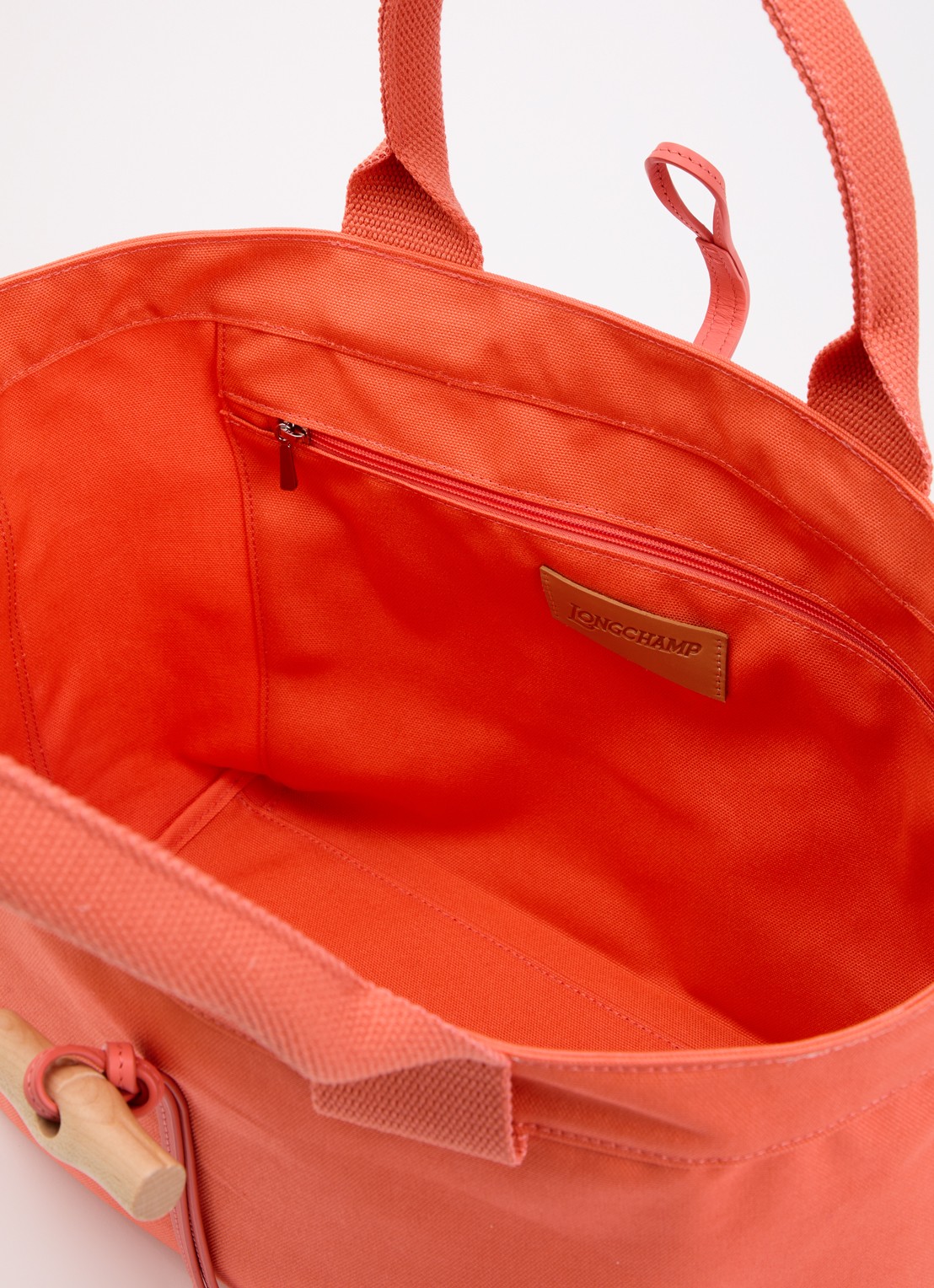 Longchamp Le Roseau shopper van canvas met leren details - detail 2 koraalroze