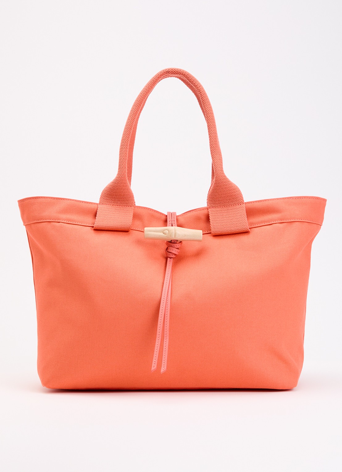Longchamp Le Roseau shopper van canvas met leren details - voorkant 5 koraalroze