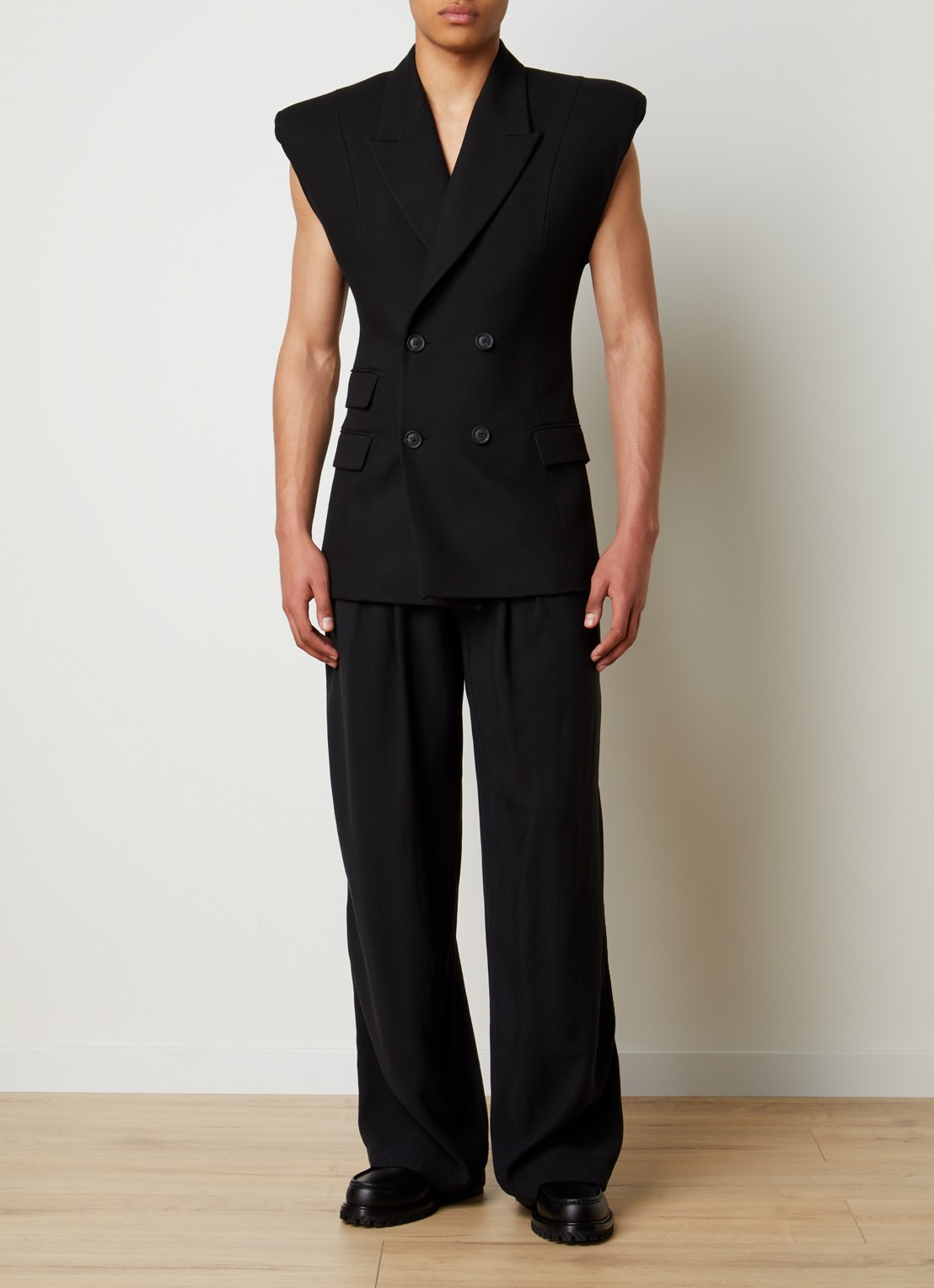 Louis Gabriel Nouchi Mouwloze double-breasted slim fit colbert in alpaca wolblend - voorkant 3 zwart