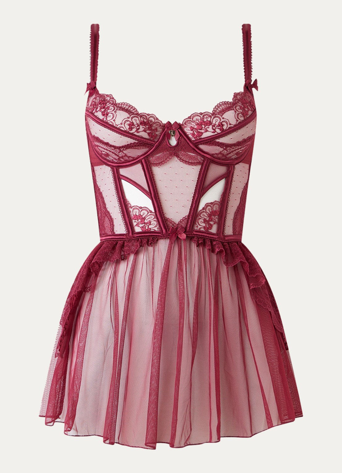 Lounge Angelica Babydoll bustier van mesh met borduring - voorkant bordeauxrood