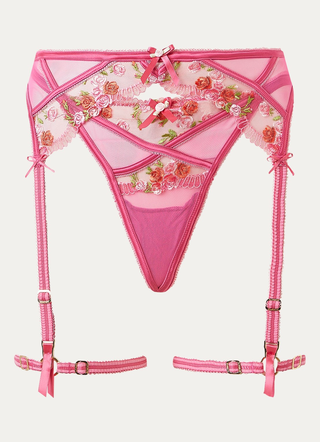 Lounge Camellia jarretels en slip van mesh met bloemborduring in set - voorkant roze
