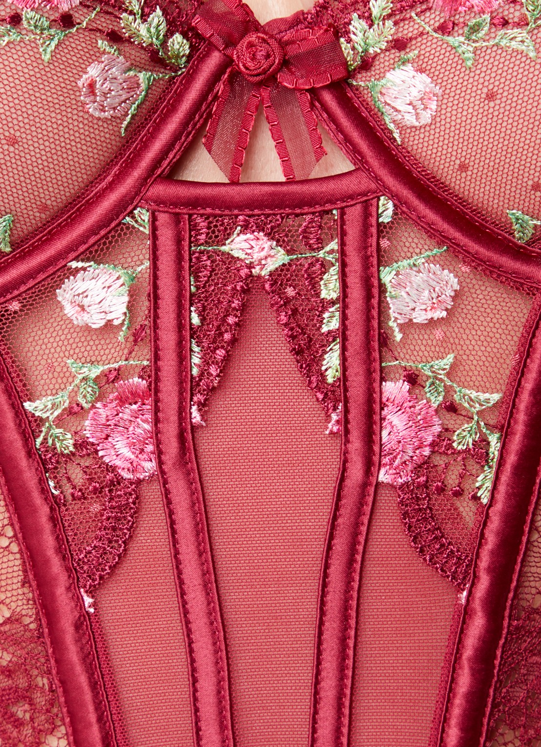 Lounge Dahlia body van mesh met bloemborduring en kant - detail 4 bordeauxrood