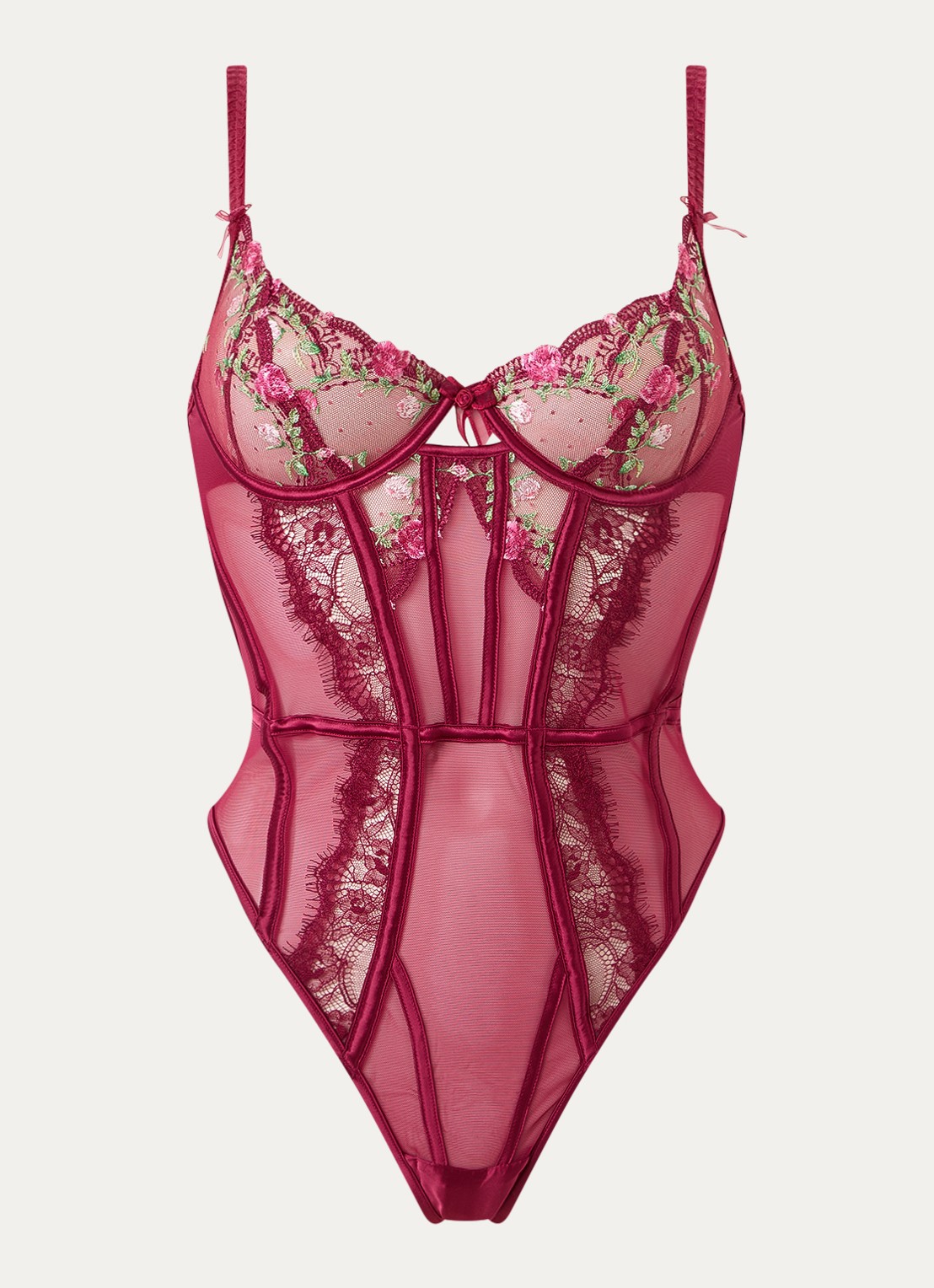 Lounge Dahlia body van mesh met bloemborduring en kant - voorkant bordeauxrood