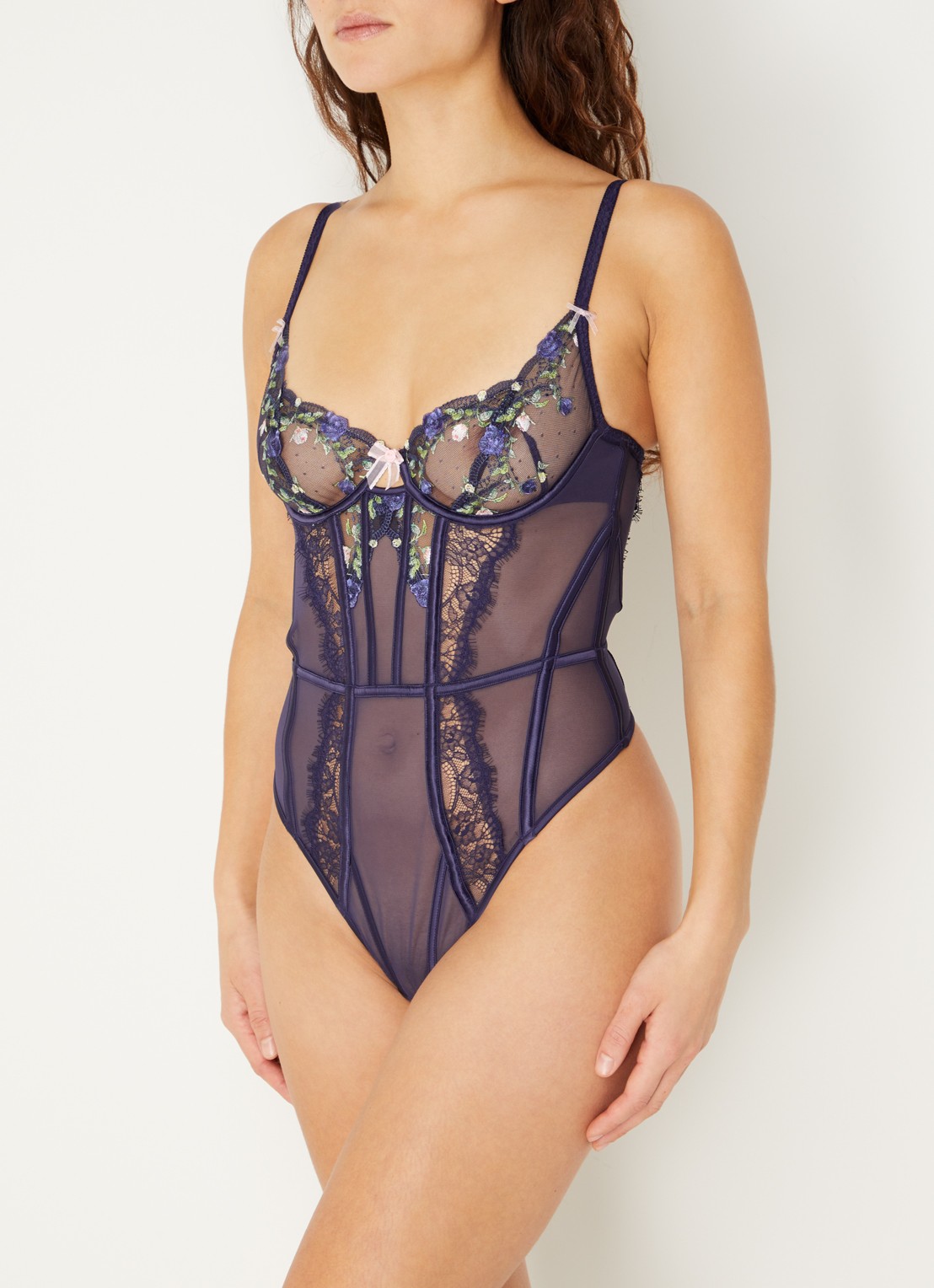Lounge Dahlia bustier van mesh met bloemborduring - detail 4 donkerblauw