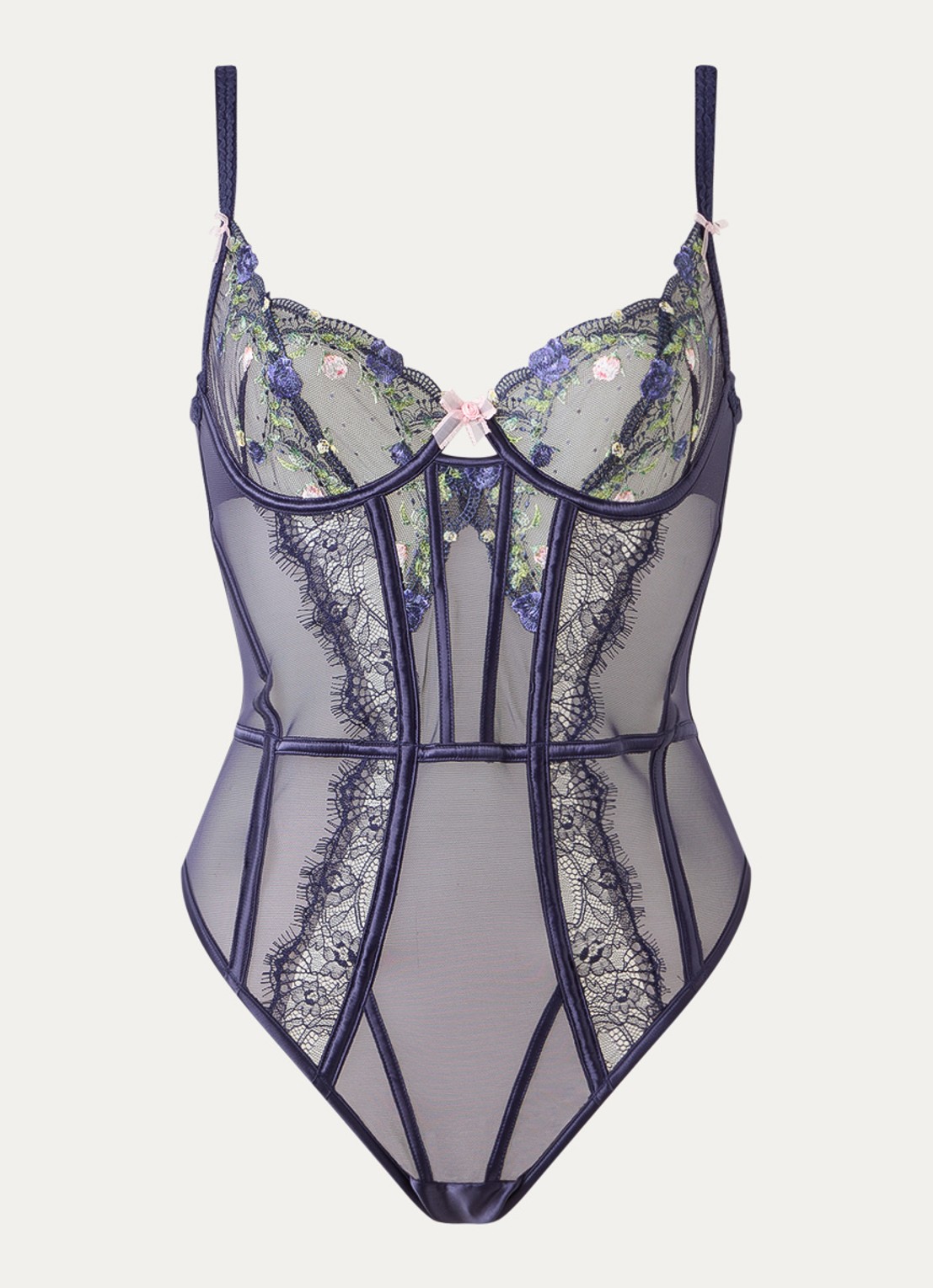 Lounge Dahlia bustier van mesh met bloemborduring - voorkant donkerblauw