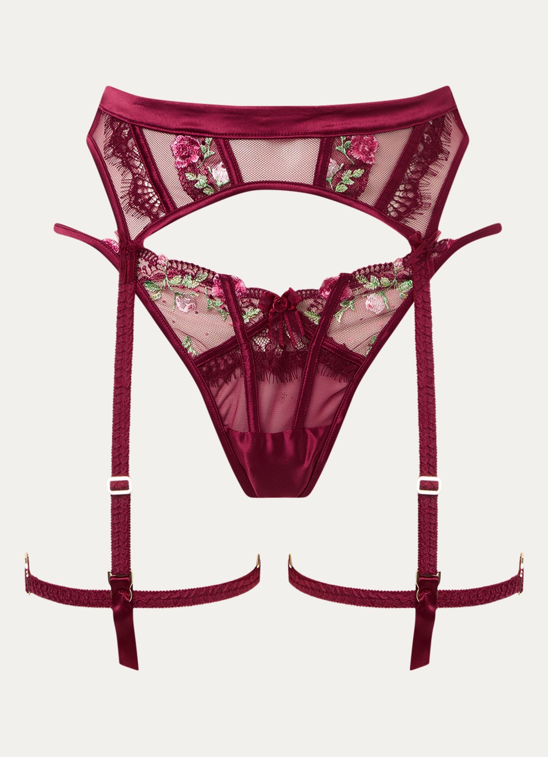 Lounge Dahlia string en jarretels van mesh met details van kant - voorkant bordeauxrood