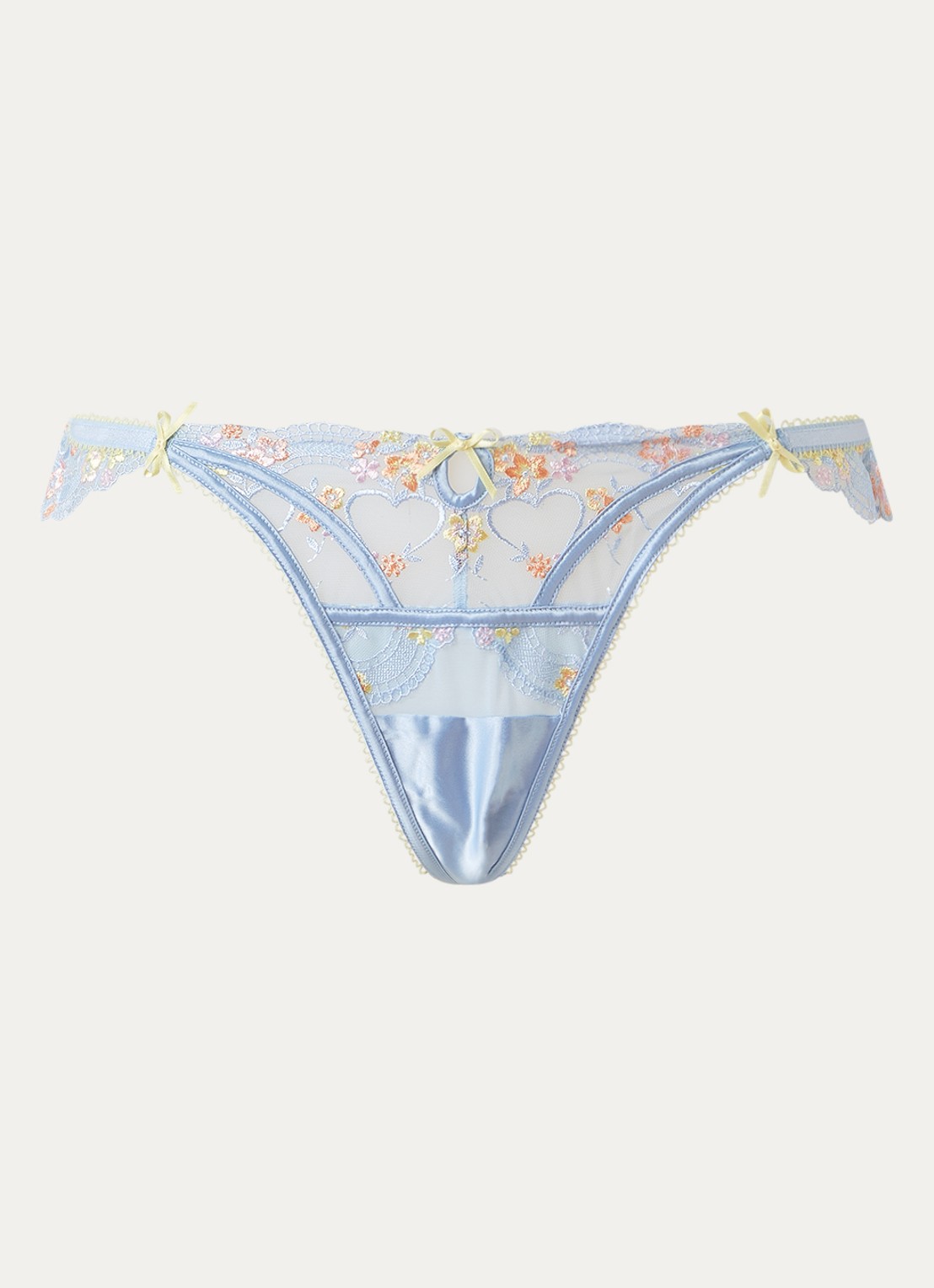 Lounge Lyra string van mesh met bloemborduring en volant - voorkant lichtblauw
