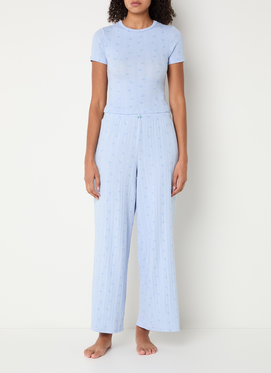 Lounge Pointelle pyjama top met bloemenprint - voorkant 4 blauw