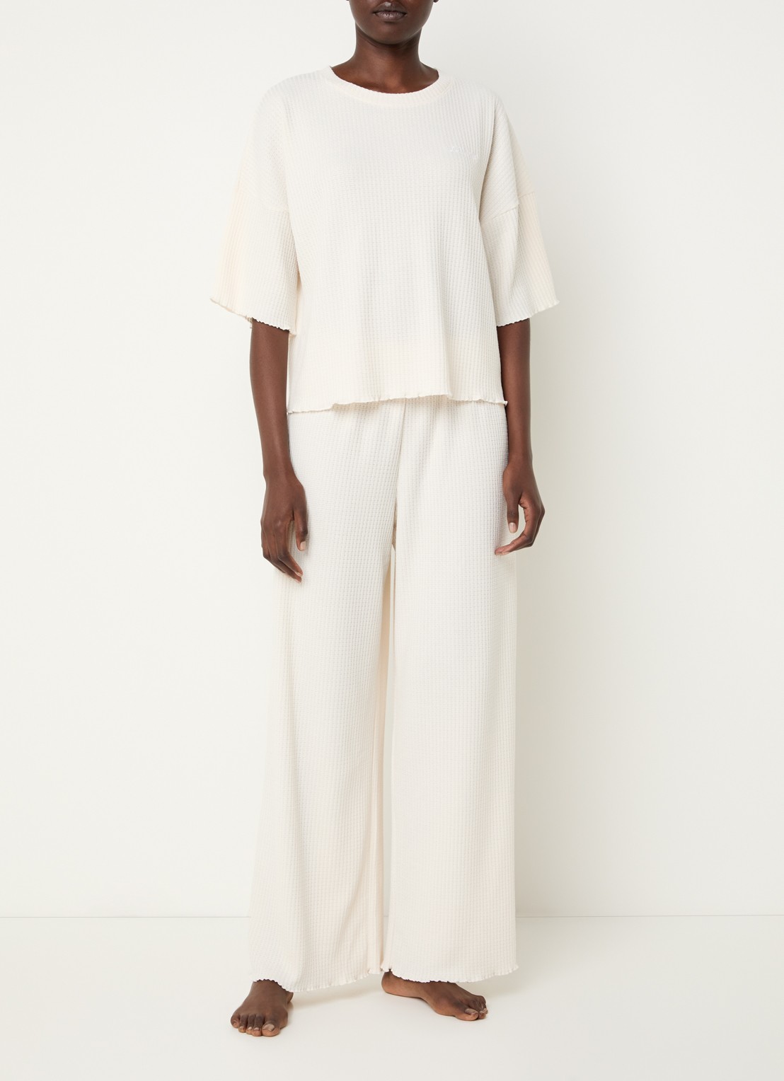 Lounge Pyjamabroek met structuur - voorkant 2 beige