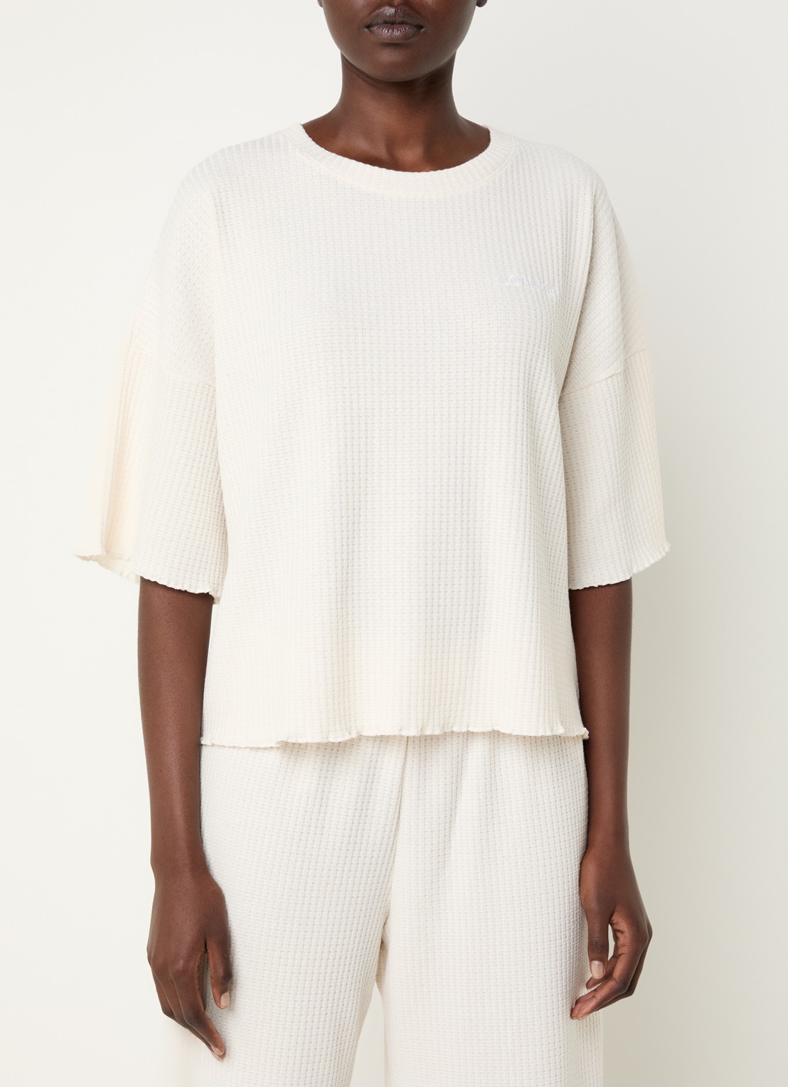 Lounge Pyjamatop met structuur en logoborduring - detail beige