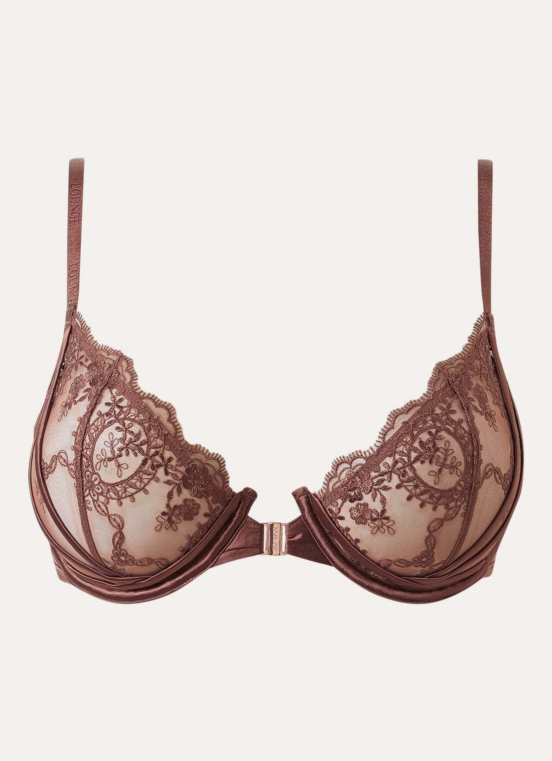 Lounge Seduce plunge bh van mesh met borduring - voorkant 2 chocoladebruin