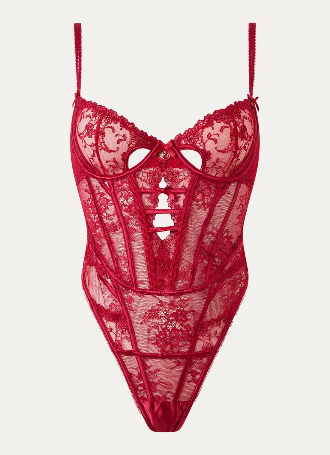 Lounge Valentina body van kant met bloemborduring - voorkant 2 donkerrood