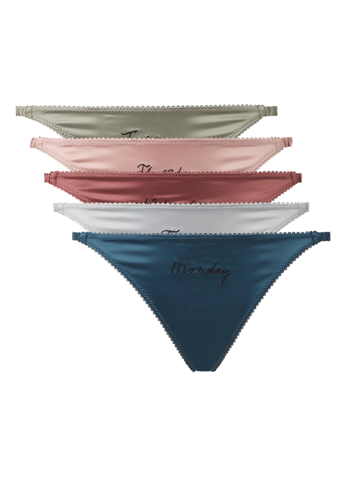 Love Stories Rosie Weekday tanga van satijn met borduring in 5-pack - voorkant multicolor