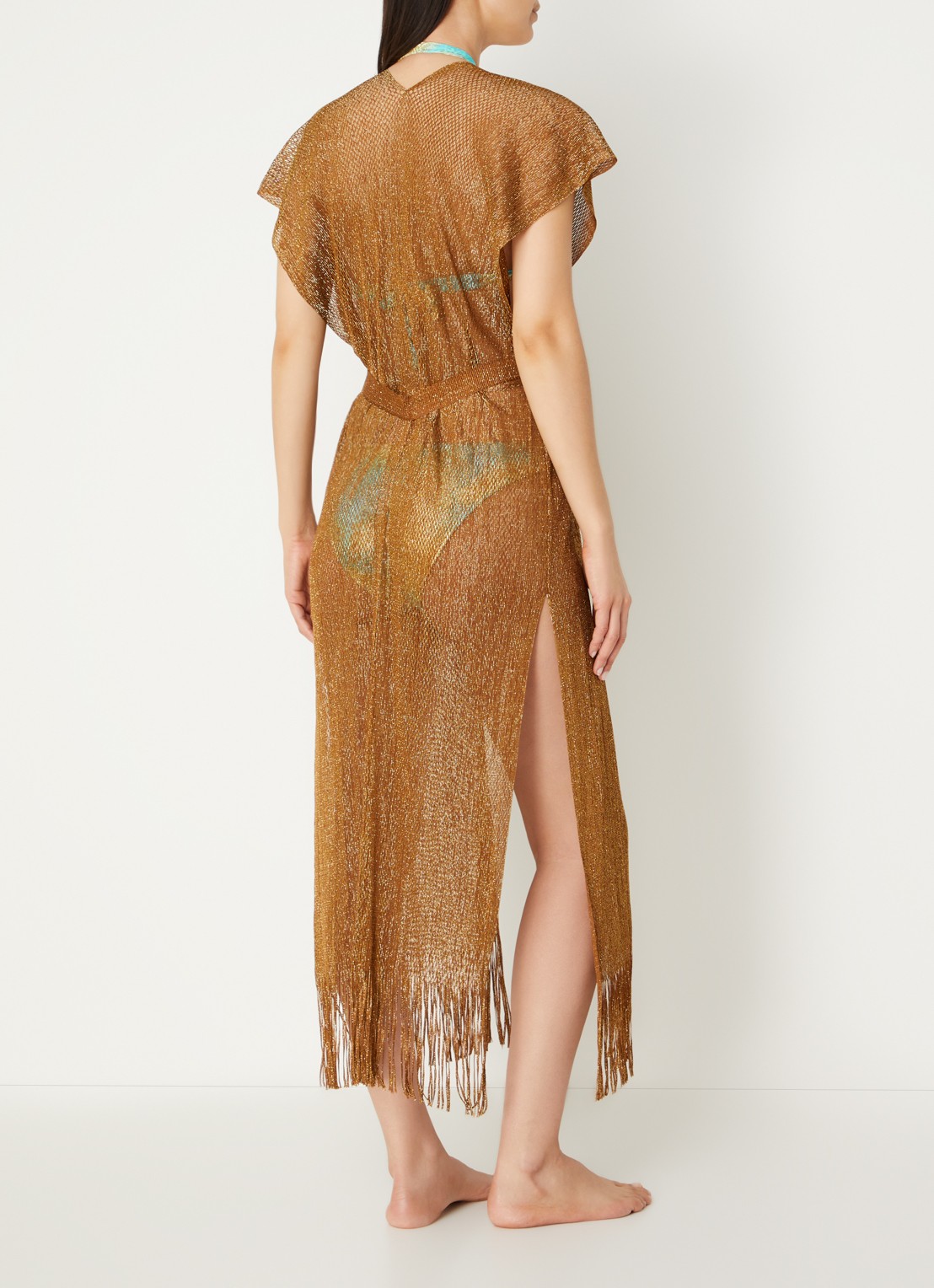 Luli Fama Kaftan met ceintuur en lurex - achterkant 3 goud
